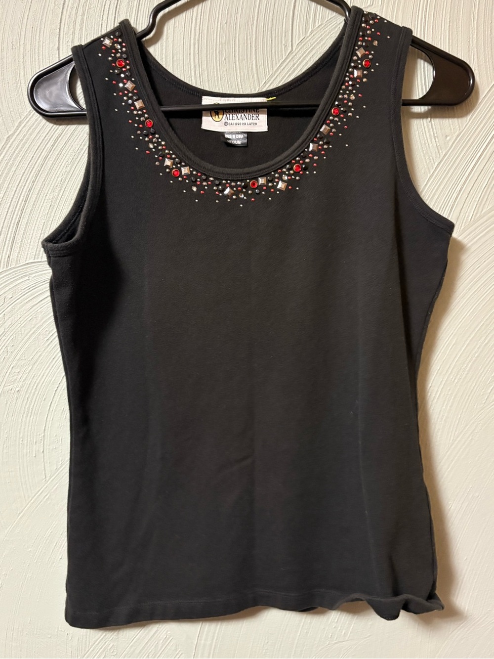 Christine Alexander Black Tank Top with Red & Silver Embellishment
